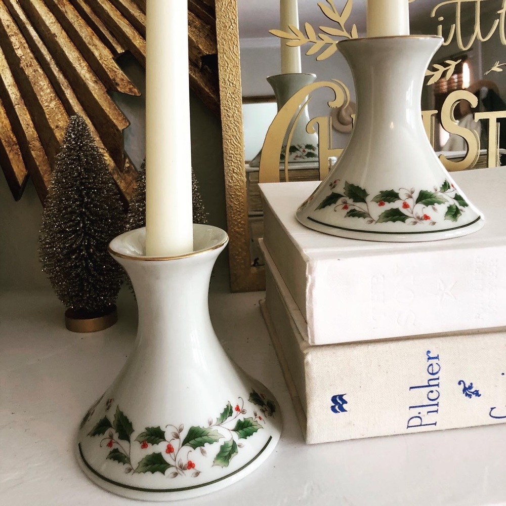 Pair of porcelain Christmas Holly Candle Holders
